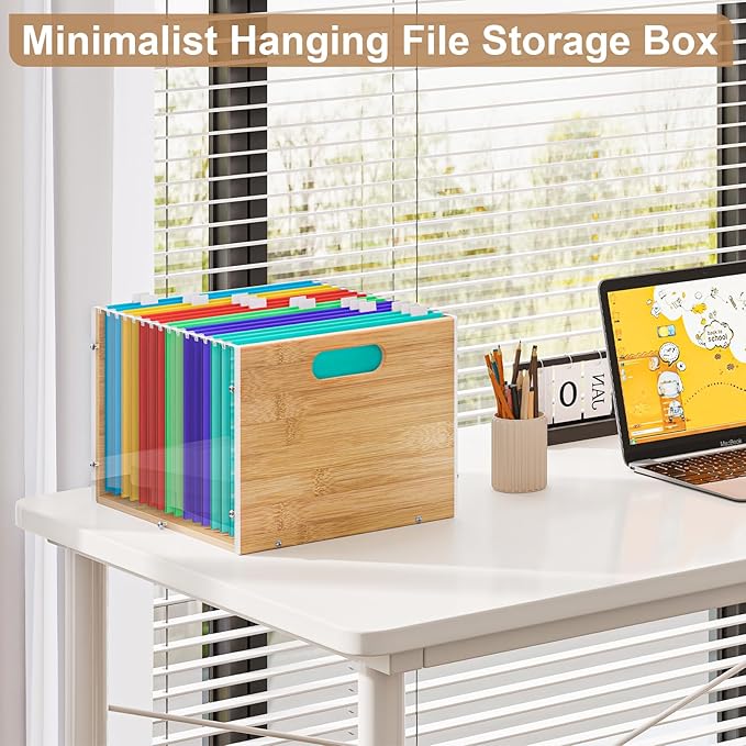 Sbanmao 2 Pack Hanging File Organizer, Clear Acrylic File Box Organizer, Bamboo Filing Box File Crate Storage Boxes, Portable Filing Organizer with Handle for Letter Size