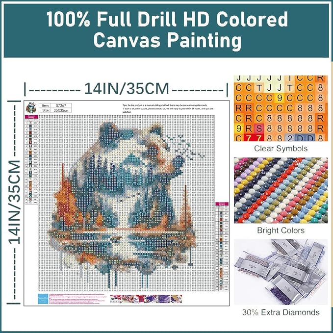 Forest Bear Diamond Painting Kits for Adults - Diamond Art for Adult Bear, Gem Painting Crafts Kits Gift, DIY 5D Gem Art Perfect for Home Wall Decor Gifts (14x14 inch)
