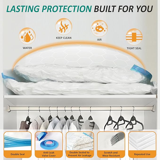 Cozy Essential Vacuum Storage Bags, 80% Compression Vacuum Seal Space Saver Plastic Packaging Bags for Clothes, Blankets, Pillow, Bedding, Comforters, Sealer Clothing Storage,6 Jumbo