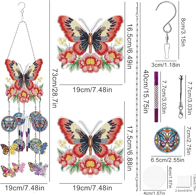 Butterfly Diamond Art Wind Chimes DIY Kits 5D Diamond Art Painting Wind Chime Hanging Ornament Set Double Sided Special Shaped Beads by Number Stitch Butterfly Wind Chime Pendant for Yard Home Decor
