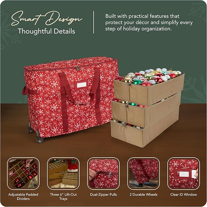 Covermates Keepsakes Rolling Adjustable Ornament Storage Bag – Heavy-Duty Polyester, FlexGrid Trays & Padded Dividers – Protective Holiday Organizer with Wheels, Handles & ID Window, Red Snowflake
