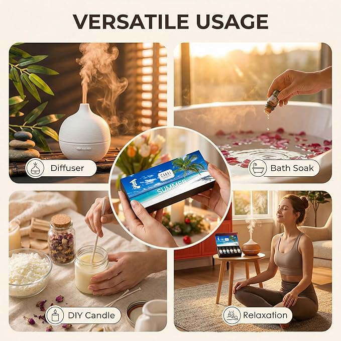 Summer Essential Oils for Diffusers for Home, CAKKI Fragrance Oils Set, Long Lasting, 6X10ml with Coconut, Pina Colada, Aqua Kiss, Bali Island, Strawberry, Aromatherapy Oils, for Candles Making