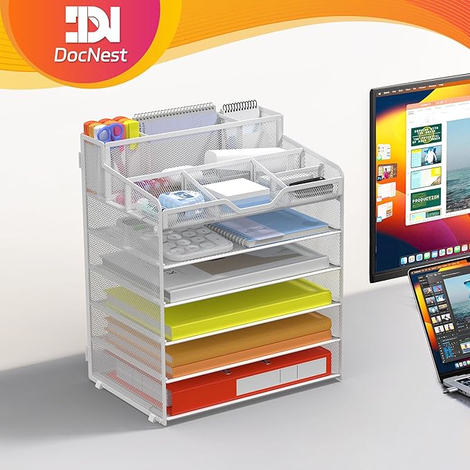 Docnest 6 Tier Mesh Desk Organizer for Paper Office Supplies – Multi-Functional Letter Tray with 5 Adjustable Compartments, 4 Pen Holders, Desktop Storage for Files, Mail, Stationery – White