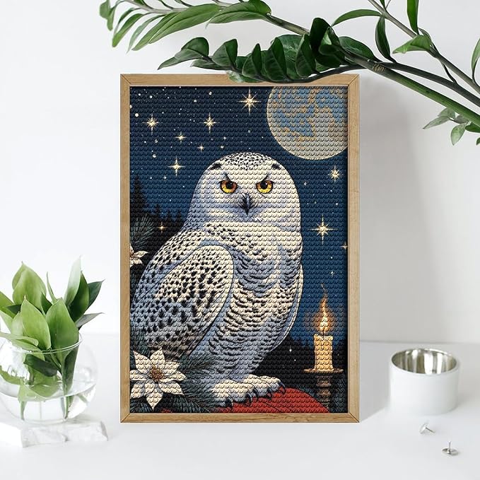 KIVJMSIDJA 5D Diamond Painting Kit for Snowy Owl & Candle Glow - Winter Night Scene Adults Full Drill Round Rhinestone Art Craft DIY Home Wall Decor 8"x12"