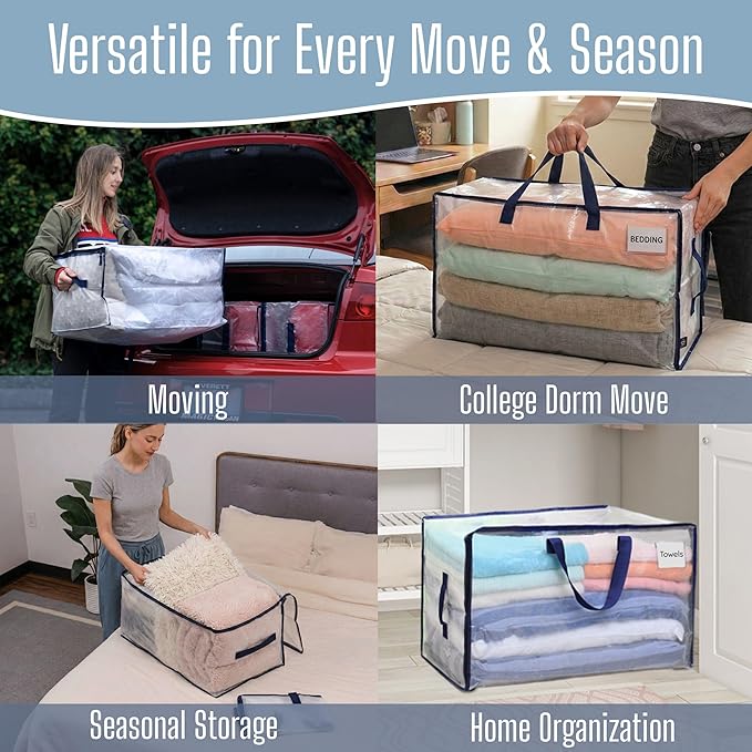 VENO 8 Pack Clear Extra Large Moving Bags & Storage Totes, Heavy Duty Organizer with Reinforced Handles & Strong Zippers for Clothes, College Dorm Essentials, Moving Supplies
