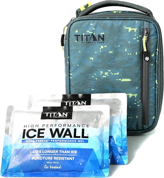 Titan by Arctic Zone Fridge Cold Lunch Box with 2 Gel Ice Packs, Small Insulated Cooler Bag with Leak Proof Lining for School and Work, Pixel Camo