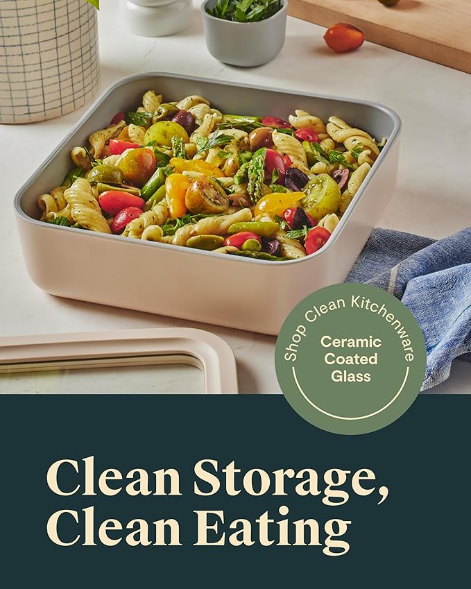 Caraway 2pc Glass Food Storage Set - 10 Cup Food Containers (2) - Ceramic Coated - Non Toxic, Non Stick Lunch Box with Lids. Dishwasher, Oven, & Microwave Safe - Cream