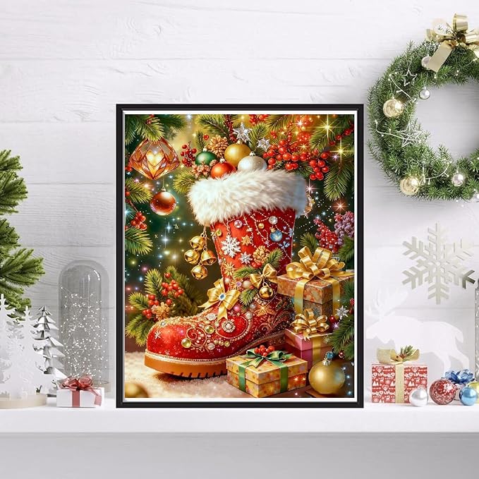 VIGEGU Christmas Diamond Art Kits for Adults,Winter Christmas Boots Bell Diamond Painting Kits for Beginners 5D Diamond Art,DIY Full Drill Round Gem Art Paintings for Home Wall Decor 12x16 in
