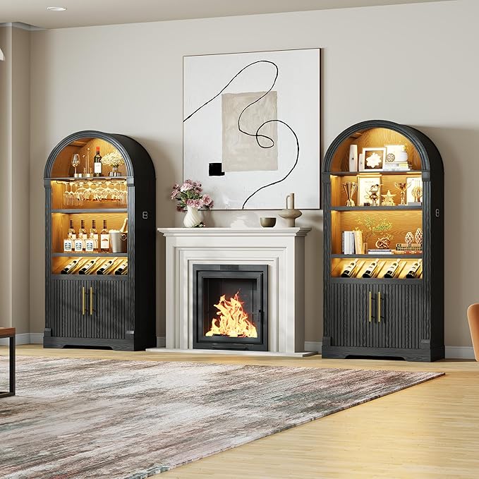 Vlsrka 71" Tall Arched Kitchen Pantry Cabinets, Wood Kitchen Storage Cabinets/Arched Bookshelf/Bookcase,China Cabinet with Open & Adjustable Shelves, Induction LED Light (Black A)