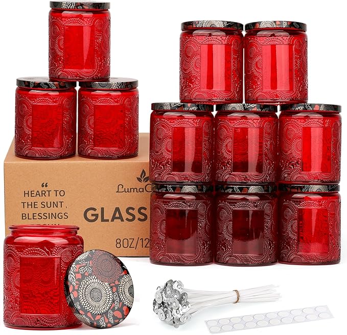 LumaCraft Luxury Embossed Glass Candle Jars for Making Candles - 12 Pack Empty Candle Containers with Airtight Metal Lids, 20 Wicks & 20 Stickers, Colored Glass Jars for Gifts & Decor-8OZ/Red