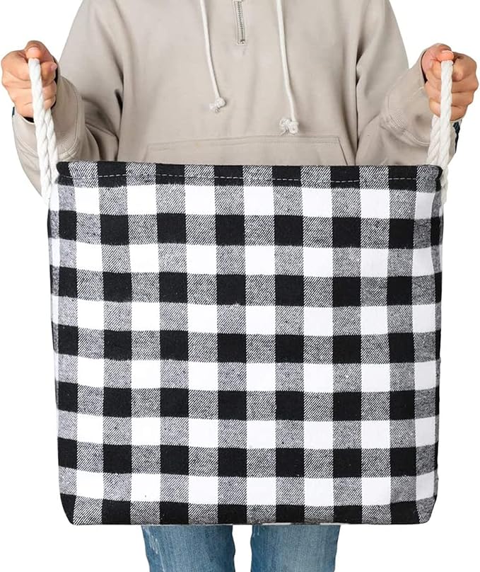 Large Rectangular Decorative Storage Bins Foldable Laundry Hamper Baskets Buffalo Grid Pattern with Rope Handles for Blankets, Toys, Nursery, White Black Grid, L