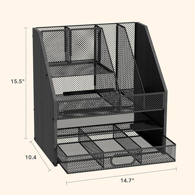 Homsorout Wooden Desk Organizer - Mesh File Organizer with Drawers and Pen Holder - 4-Tier Vertical Paper Letter Storage Tray, Desktop Organizers and Accessories for Home Office (Black