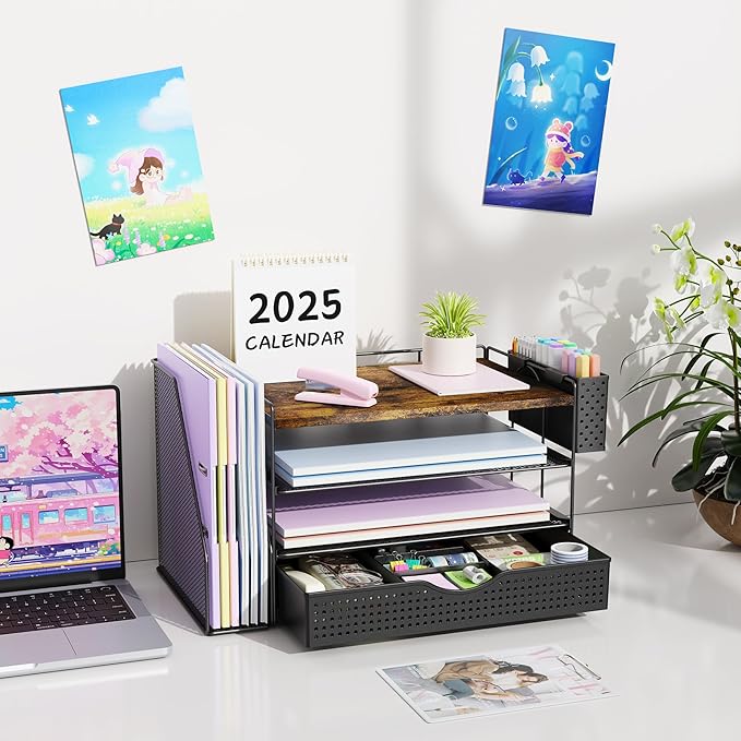 gianotter Wood Desk Organizers and Accessories with File Holder, 4-Tier Desk Accessories & Workspace Organizers with Drawer and Pen Holder, Desk Reference Organizer (Wood)