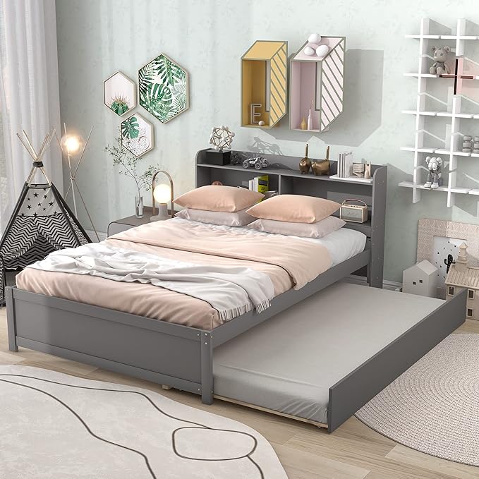 Harper & Bright Designs Full Size Bed Frame with Trundle, Full Size Platform Bed with Twin Trundle Under, Grey