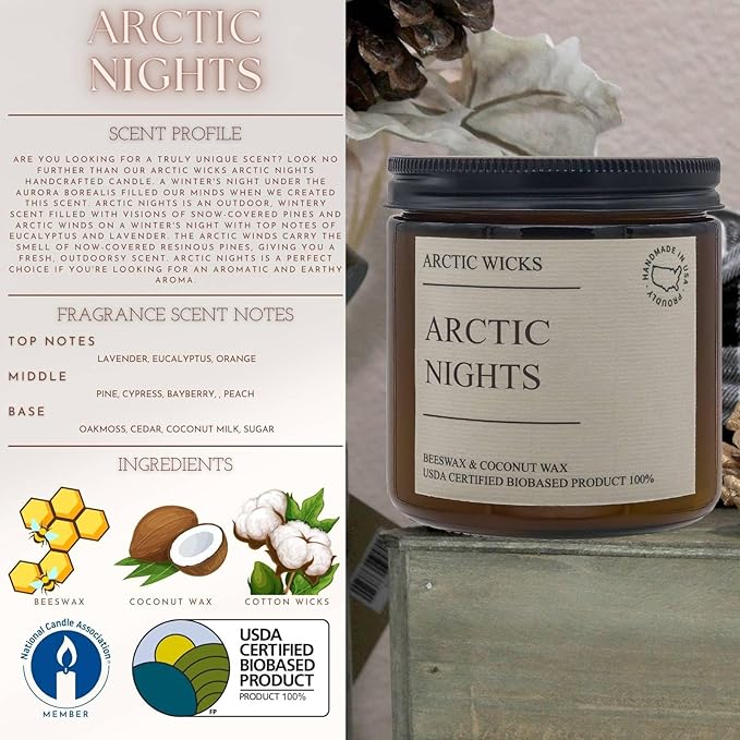 Arctic Wicks Handcrafted Candles | Non Toxic Coconut Beeswax Candles 16oz Double Wick | 100% USDA Certified Biobased, Handmade, Premium Waxes, Non-Toxic (Arctic Nights, 16oz Amber Jar)