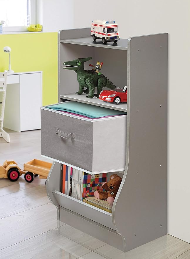 Badger Basket Upright Storage Nook with Reversible Basket - Melamine Surface, 2 Shelves & 1 Angled Bin, Customizable Storage Solution for Kids - Woodgrain Gray