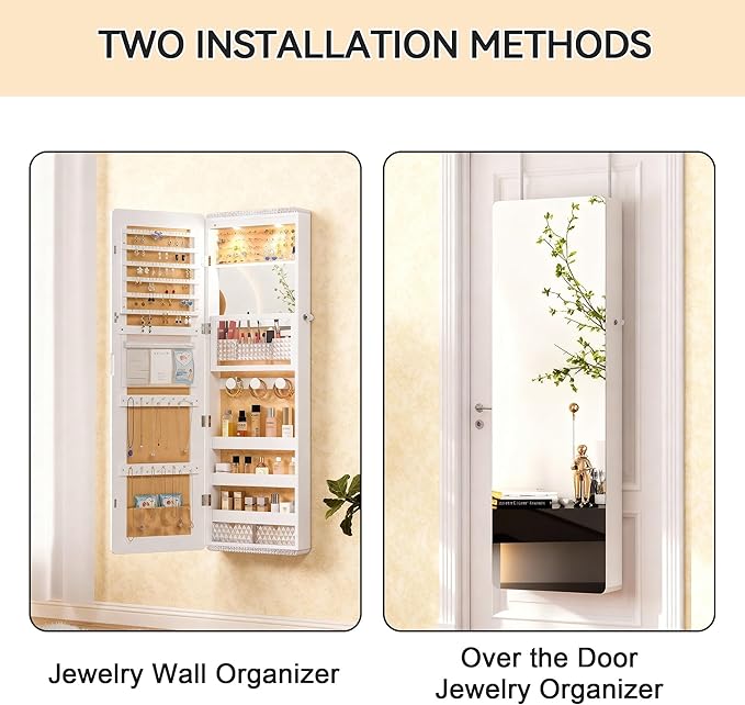 Lvifur 47.2" LED Jewelry Mirror Cabinet,Lockable Wall/Door Mounted Full Length Mirror with Storage, Over the Door Hanging Jewelry Organizer-2 Drawers,Foldable Shelf, Built-in Lighted Mirror (White)
