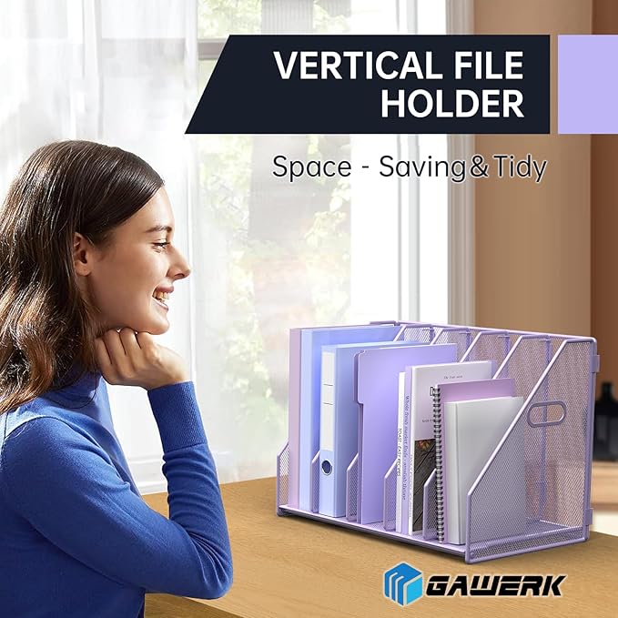 MINDEPOT Desk File Organizer Metal Desk Magazine Folder Holder with 5 Vertical Compartments Rack File Organizer for Office, Home, School (Purple)