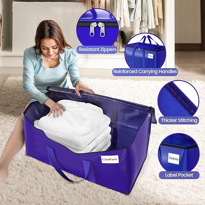 FabSpace Moving Storage Bags, Moving Supplies Packing Boxes for Moving, Camping, College Dorm Room Essentials for Girls, Blue Tote Bags, Heavy-Duty Storage Bins With Lids And Zippers, 93L 6 Pack