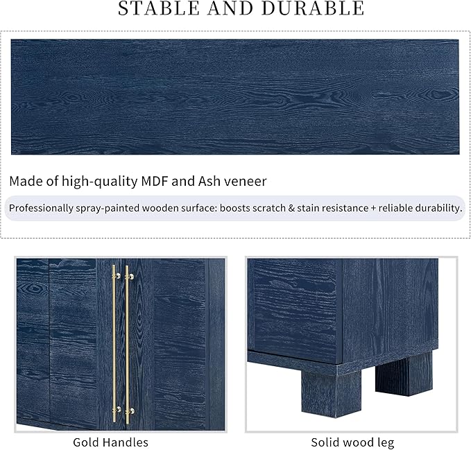 Amposei Modern Sideboard Cabinet 60-Inch Wood Console Storage Cabinet Credenza Dining Buffet Table with 4 Doors and Adjustable Shelves for Living Room Entryway, Navy Blue