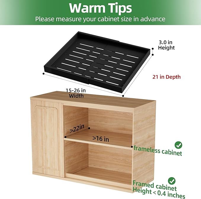 PAKETA 4 Pack Expandable Pull Out Cabinet Organizer, 21'' Deep Pull Out Drawers for Cabinets, Upgrade 3 Slide Rails Sliding Drawers for Cabinet with Adhesive Nano Film (Black, 21"D X 15-26"W ）