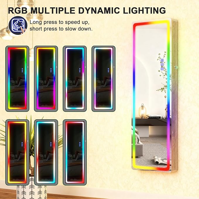 Lvifur LED Mirror Jewelry Cabinet - with RGB lights,Lockable Wall/Door Mounted Full Length Mirror with Storage,Hanging Jewelry Organizer-2 Drawers,Foldable Shelf,Built-in Lighted Mirror(Wood)