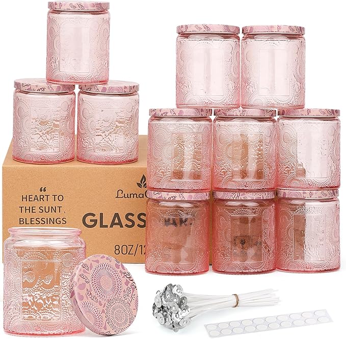 LumaCraft Luxury Embossed Glass Candle Jars for Making Candles - 12 Pack Empty Candle Containers with Airtight Metal Lids, 20 Wicks & 20 Stickers, Colored Glass Jars for Gifts & Decor-8OZ