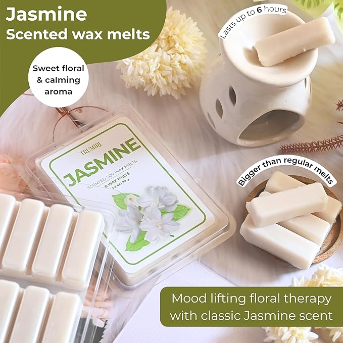 TRUMIRI Jasmine Scented Wax Melts - Made with Non Toxic Soy Wax and Essential Oils - Bulk Pack of 4 Total 32 Wax Melts - Long Lasting Strong Scent Pet Safe Floral Candle Wax Cubes Tarts for Warmers