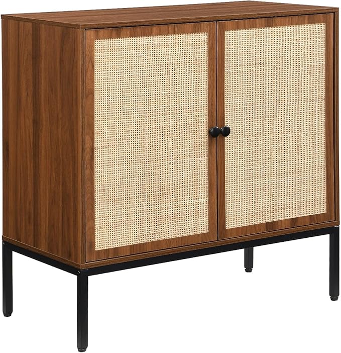 Yechen Set of 2 63" Walnut Sideboard Cabinet with Natural Rattan Doors, Buffet Console & Accent Cabinet, Rattan Credenza Storage with Metal Legs for Living Room, Kitchen, Dining Room