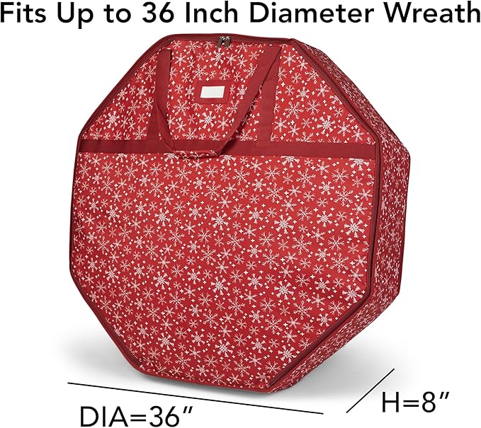 Covermates Keepsakes Deluxe Wreath Storage Bag – Heavy-Duty Polyester with Buckle Strap & Structured Interior – Protective Holiday Organizer with Handles, D-Ring & Label Window, Red Snowflake
