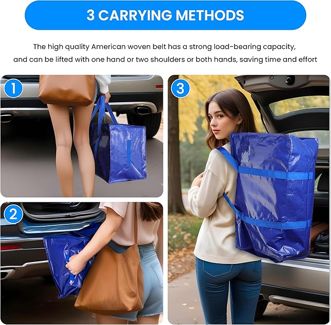 Simple Deluxe 6 Pack Extra Large Moving Bags with Lids, Reinforced Handles and Zippers, Heavy Duty Storage Tote for Moving Travel Camping Space Saving, Blue