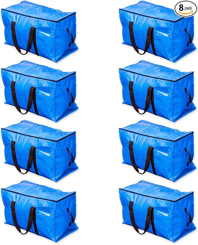 Blue Moving Bags Heavy Duty Extra Large Storage Bags with Zipper and Handles, Moving Supplies Moving Storage Bags, 23 Gallon Capacity, 8 Pack