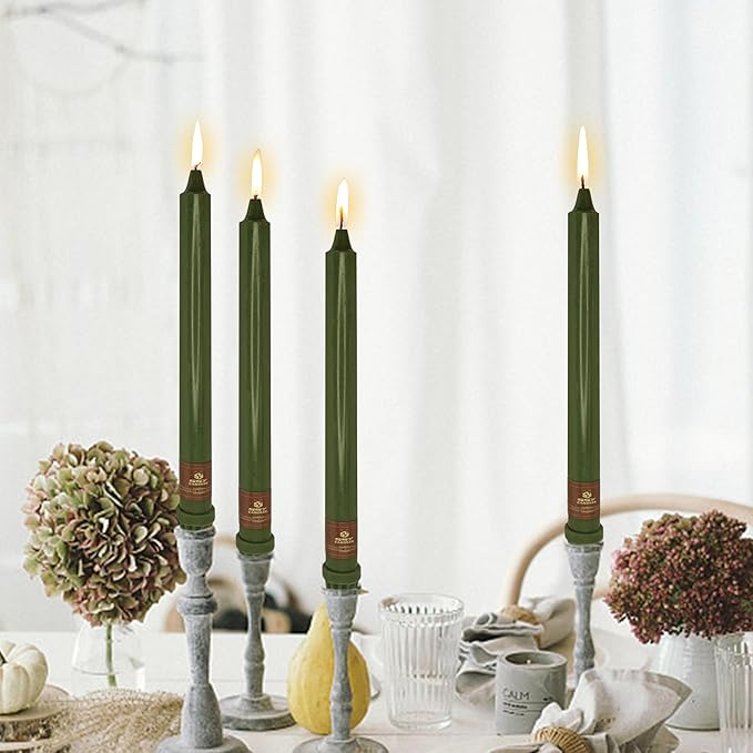 Olive Green Taper Candle 10 Inch Long Candlesticks Unscented Dripless Tapered Candle Set for Home Decor Wedding Party Dinner Candles, 4 Pack