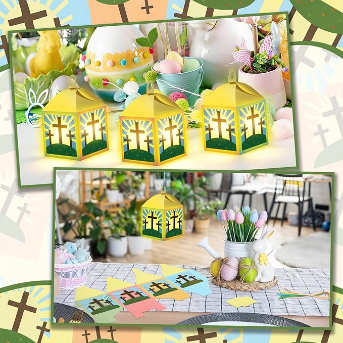 Simgoing 24 Sets Easter Crafts with LED Candle Light He is Risen Tissue Paper Resurrection Craft DIY VBS Christ Suncatchers Lanterns Hanging for Fun Home Activities Sunday School Christian Decoration