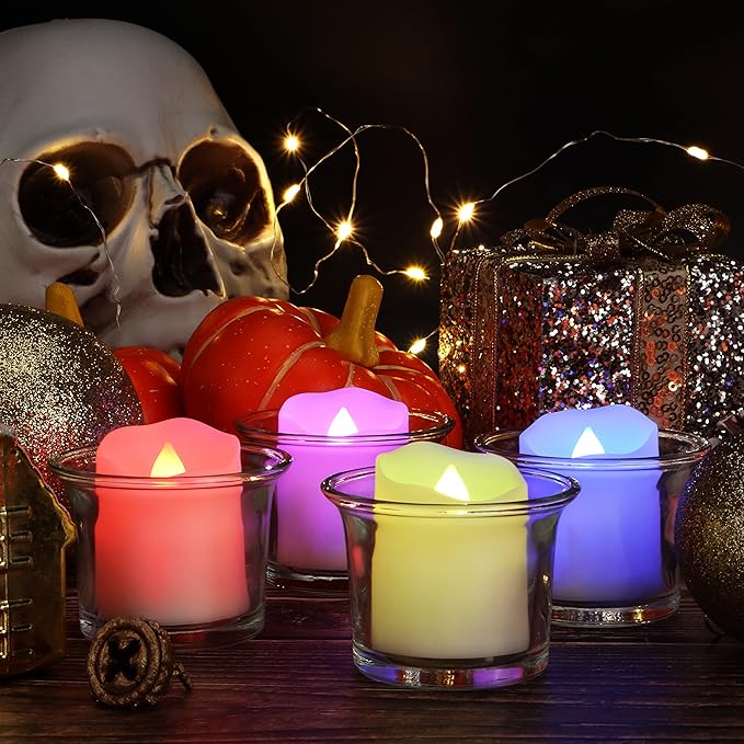Daord Rechargeable LED Color Changing Tea Lights USB Flameless Warm White Flickering Votive Candles with Remote for Halloween Christmas Romantic Home Decor