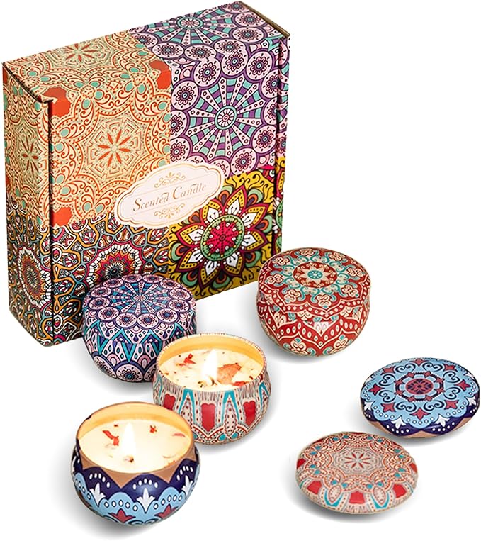Scented Candles Gift Set, 2.5 oz Aromatherapy Candles for Home, Portable Hotel Candles, Natural Soy Wax Tin Jar Candles for Yoga, Bath, Long Lasting Time Candles Gift for Women 4 Pack