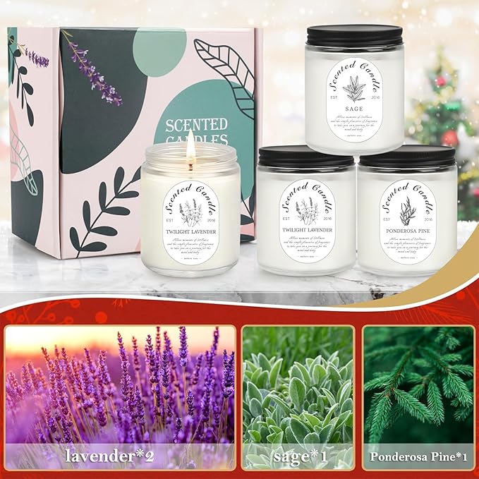 Lavender Candle Gift Set, 4 Pack Soy Wax Scented Candles for Home – Lavender, Sage & Ponderosa Pine – Aromatherapy Candles for Relaxation, Stress Relief & Gifts for Women