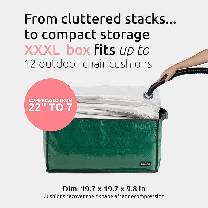 Compactor Heavy-Duty Storage Bags, Vacuum Storage Bag with Outdoor Storage Box, Waterproof Bag for Dining and Patio Chair Cushions, All-in-one Outdoor Storage Solution (Green, XXX-Large)