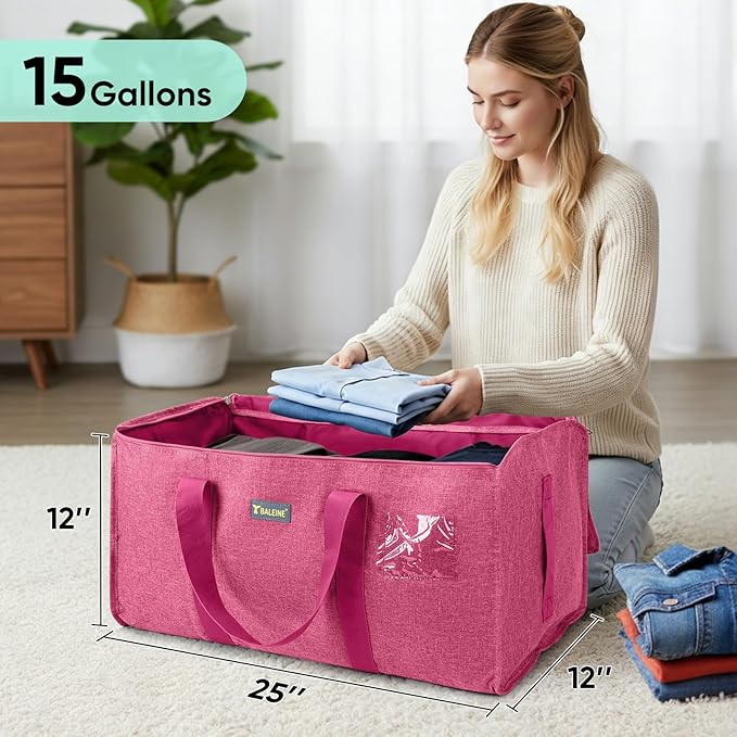 BALEINE Extra Large Storage Tote with Zippers & Carrying Handles, Heavy-Duty Oxford Fabric Moving Bags for Laundry, Space Saving, Storage, 2-Pack, Berry Red
