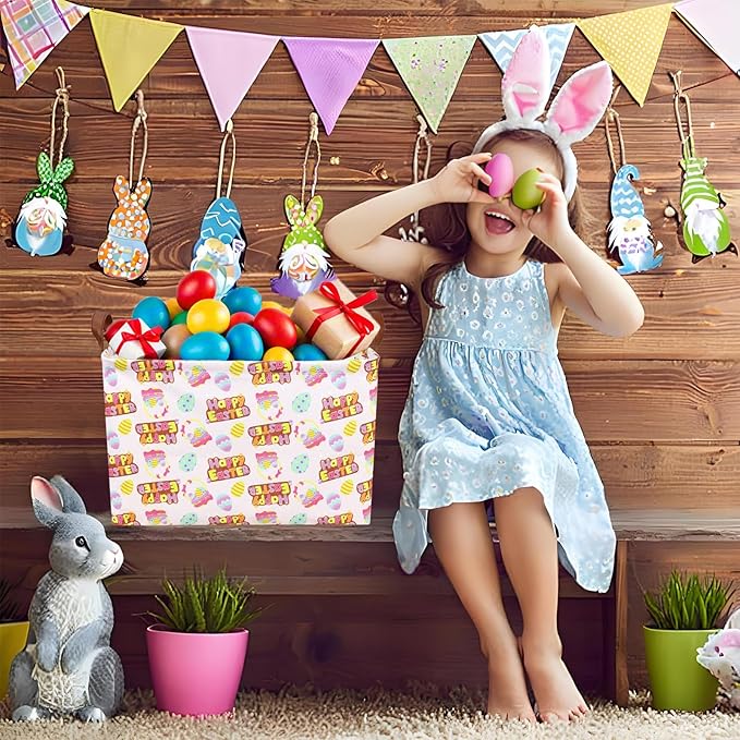 Large Empty Easter Basket for Kid Baby Rectangular Cute Easter Gift Bunny Eggs Décor Storage Basket (Pink Happy Egg)