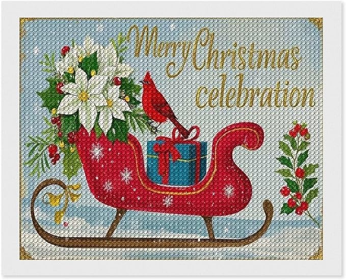 Diamond Painting Kits for Adults - Red Sleigh with Poinsettias, Cardinal Bird Merry Christmas Painting DIY 5D Full Drill Diamond Dots Paintings with Diamonds Gem Art And Crafts Home Decor 16"x20"