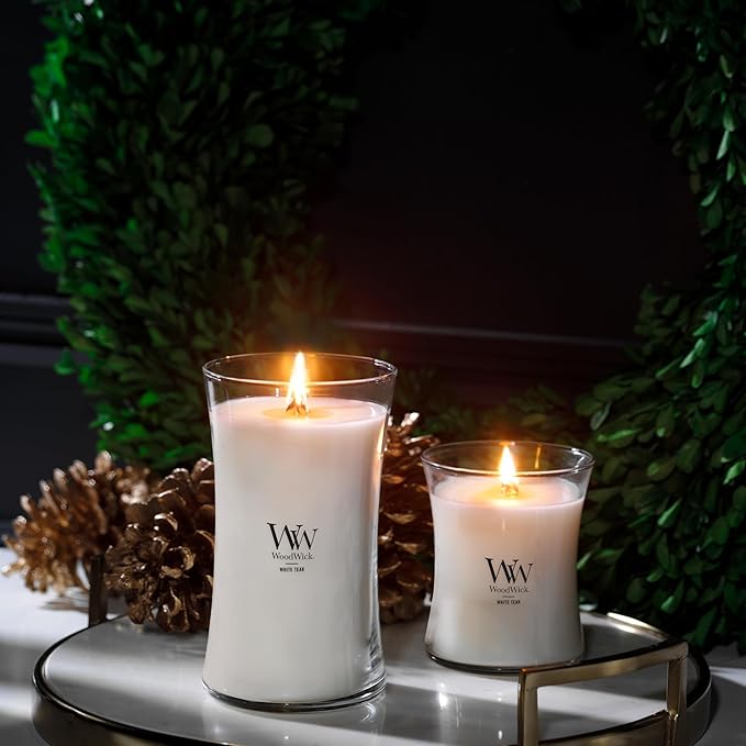WoodWick Large Hourglass Candle in White Teak Premium Soy Blend Wax with Crackling Pluswick Innovation Wood Wick