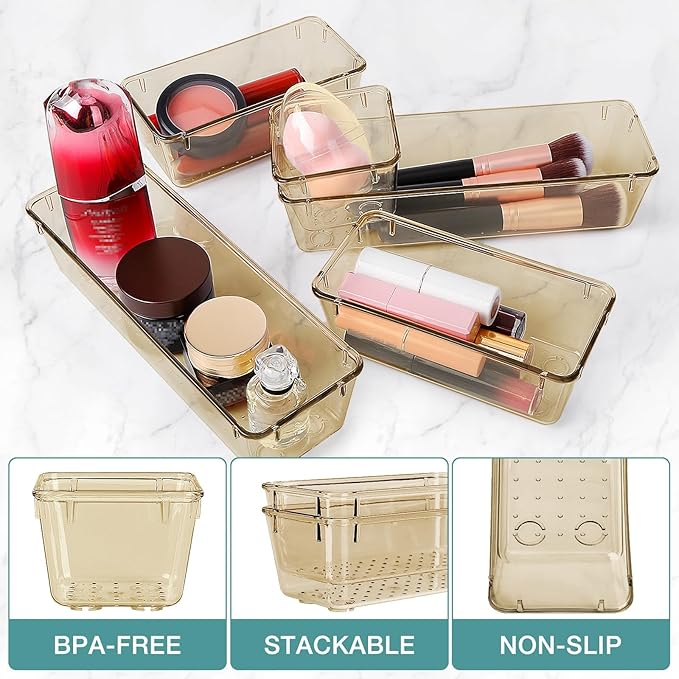 StorMiracle 23 PCS Drawer Organizer Set, 5 Varied Size Bathroom and kitchen Drawer cabinet organizer Trays, Clear Storage Bins for Makeup, Jewelry, Utensils and Gadgets, Champagne