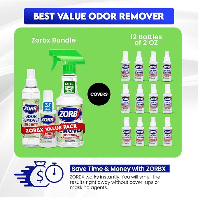 ZORBX Unscented Odor Eliminator for Strong Odor 3 items Bundle: 16 Oz + 7.5 Oz + 2 Oz - Used in Hospitals & Healthcare Facilities - Fast-Acting Odor Remover Spray for Dog, Cat, House & Carpet