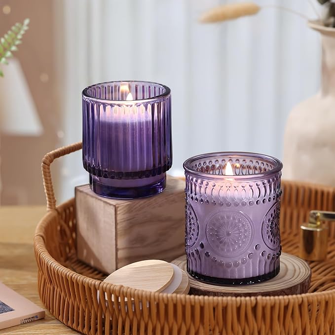 8 Pack Purple Glass Candle Jars for Making Candles-7 Oz, Empty Candle Containers, Candle Making Supplies, Candle Vessels with Bamboo Lids & Warning Labels for Home, Centerpiece Table Decor