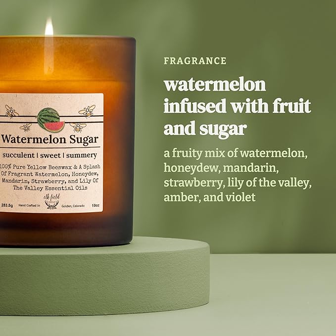 Watermelon Sugar Organic Beeswax Candle | 2 Ingredients | 100% Pure Beeswax Candles, Non Toxic, Natural, Organic Candles, Beeswax Candles Scented, Non Toxic Candles, 80 Hour, 14oz