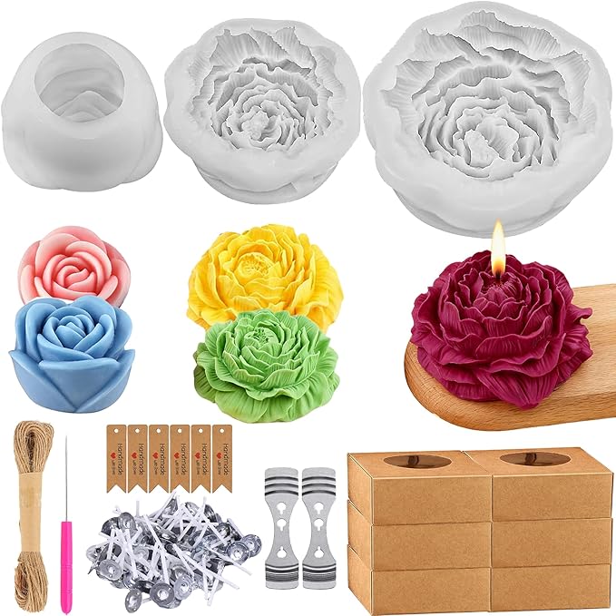 69 pcs Candle Making Silicone Mold Set,2 Peony(Large + Medium) Mold 1 Rose(Small) Set of 3D Flower Silicone Molds, for Soap,Candle Home Décor Handmade Gift