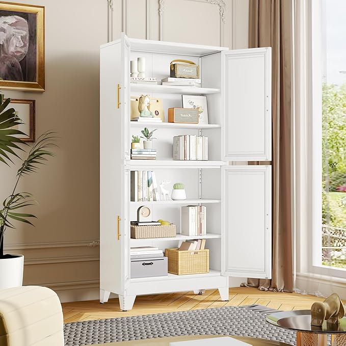 75" H Tall Kitchen Pantry Cabinet, Pantry Storage with Doors and 3 Adjustable Shelves, Metal Storage, Cupboard for Kitchen, White
