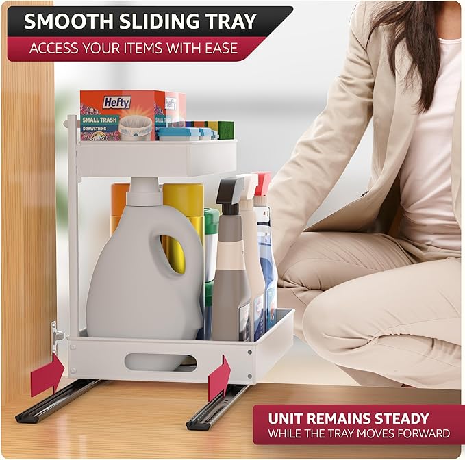 Sorbus Under Sink Organizer with Sliding Tracks – Pull Out Cabinet Organizer with Drawer & Installation Rails – Under Cabinet Bathroom Storage Organizer for Kitchen, Pantry, or Vanity –White 1 Pack