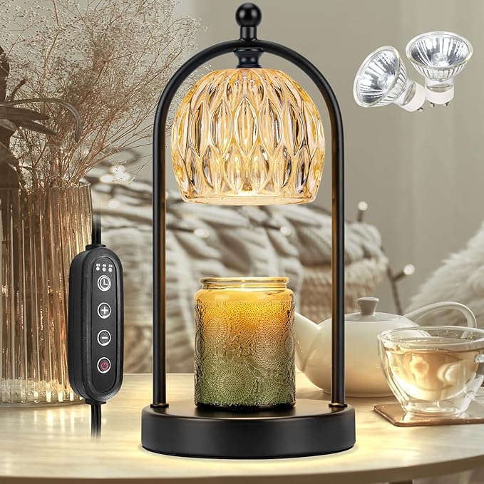 Soilsiu Candle Warmer Lamp With Timer, Electric Glass Light for Bedroom, Dimmable Wax Melts for Jars, Beside Lamp Gifts for Women Home Decor (2 Bulbs Included)